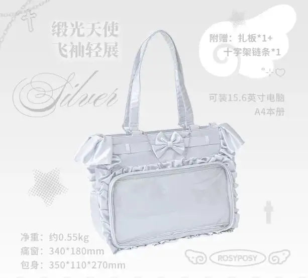 Japanese New Girls Silver Shoulder Bag Large Capacity Ribbon Itabag Student Women's Satin Messenger Bag Leather Backpacks