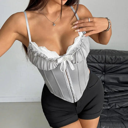 SSexy V Neck Y2K Crop Tops Lace Patchwork Pleated Bowknot Corset Top Sexy Backless Slim Camisole Body Shape Fishbone Bustier