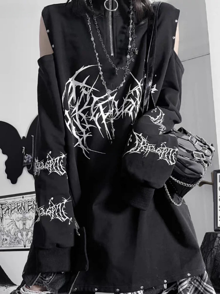 Vintage Black Printing Punk T-Shirt Women Harajuku Off Shoulder Grunge Tops Vintage Oversized Y2k Aesthetic Zipper Tees 2026