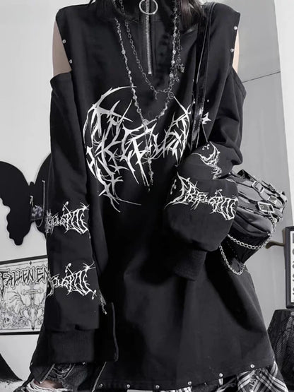 Vintage Black Printing Punk T-Shirt Women Harajuku Off Shoulder Grunge Tops Vintage Oversized Y2k Aesthetic Zipper Tees 2026