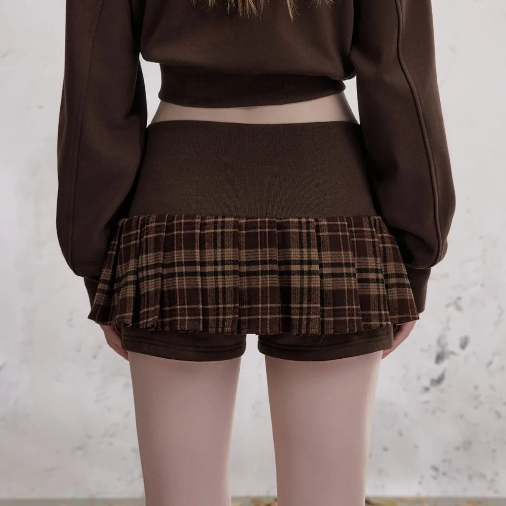 New Y2K American Brown Embroidered Ribbed Elastic Waist Short Skirt Women Harajuku Retro Plaid Gothic Sexy Low Waist Mini Skirt
