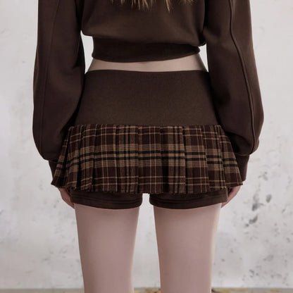 New Y2K American Brown Embroidered Ribbed Elastic Waist Short Skirt Women Harajuku Retro Plaid Gothic Sexy Low Waist Mini Skirt