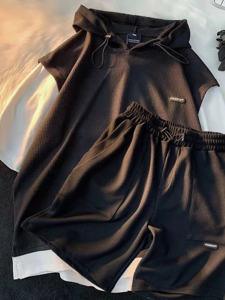 Summer Men's Large Size Sports Suit Breathable Casual Wear Wild High Street Chic Fake Two-piece Casual T-shirt + Simple Shorts