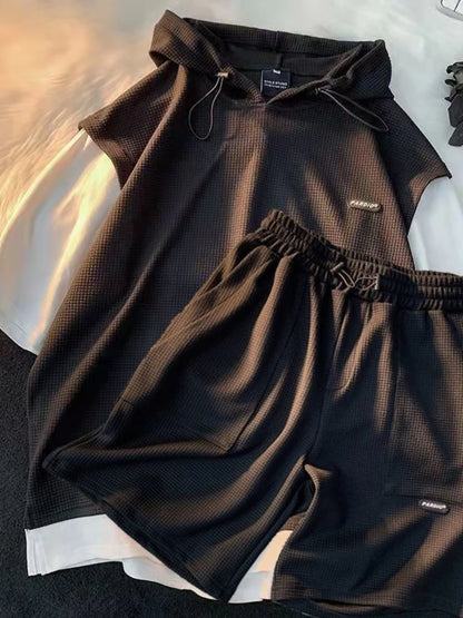 Summer Men's Large Size Sports Suit Breathable Casual Wear Wild High Street Chic Fake Two-piece Casual T-shirt + Simple Shorts