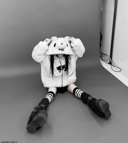 Japanese Gothic Hooded Plush Coat New Autumn Winter Subculture Cool Girl Women's Punk Rivet Lamb Wool Hoodie Jacket Zipper Coat