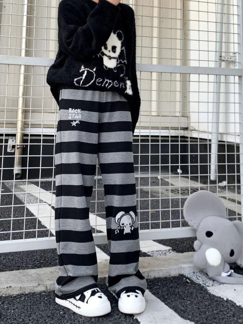 Kimotimo Punk Anime Printed Striped Pants Women Harajuku Y2k Straight Casual Long Trousers 2025 Autumn Vintage Gothic Streetwear