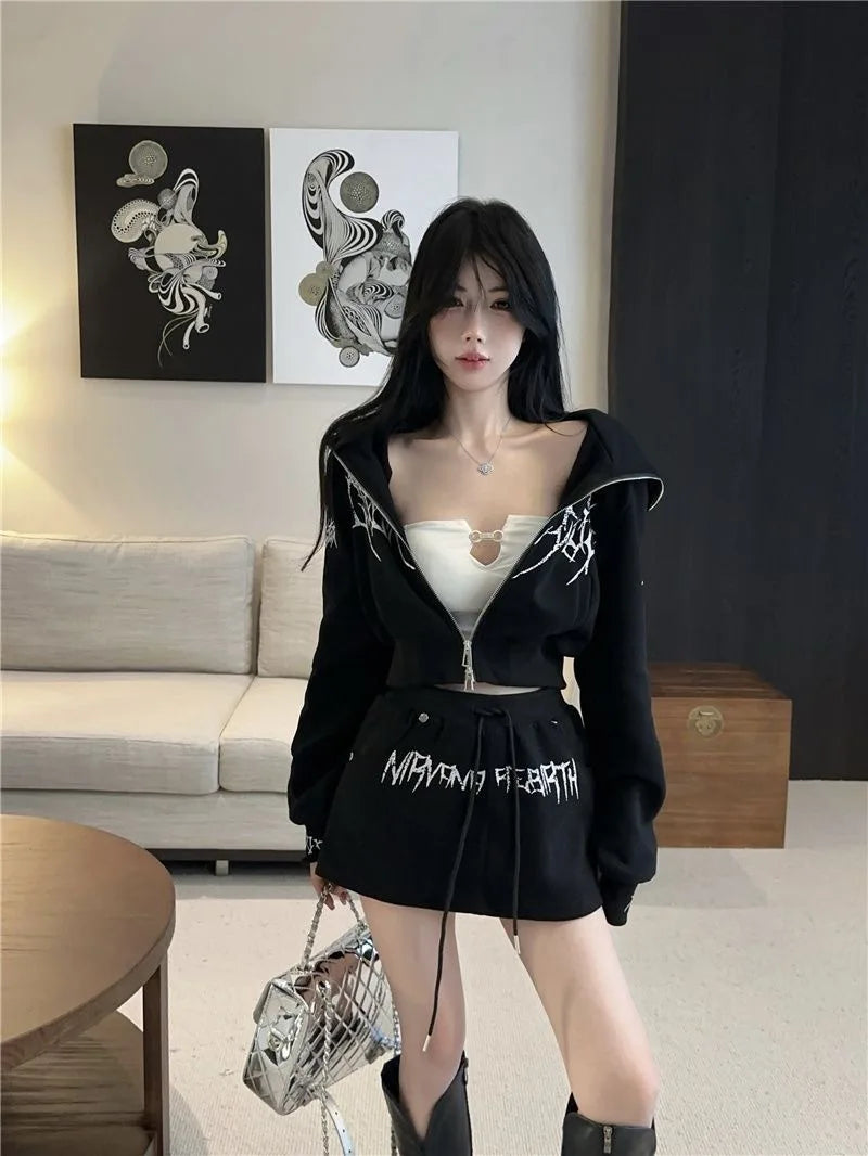 Dark Style Short Letter Sweatshirt And  Skirt Set for Women Trendy Streetwear Autumn Collection Long Sleeve Casual Sports...