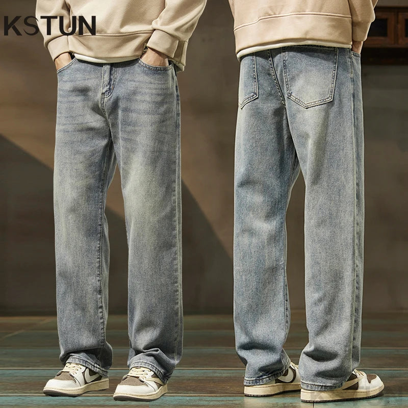 KSTUN Light Blue Baggy Pant Men Wide Leg Jeans Loose Straight Casaul Streetwear Vintage Men's Trousers 100% Cotton Large Size 40