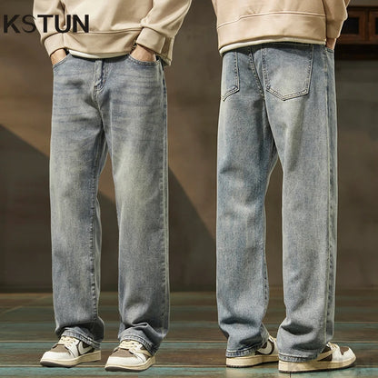 KSTUN Light Blue Baggy Pant Men Wide Leg Jeans Loose Straight Casaul Streetwear Vintage Men's Trousers 100% Cotton Large Size 40