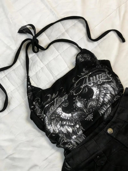 Women's Y2K Rose-Print Halter Crop Top