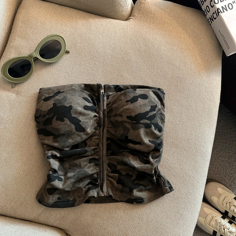 Sexy American Girl Camouflage Print Tube Top Vest Women's Summer Zipper Open Cardigan Shoulder Bared Short Style Top