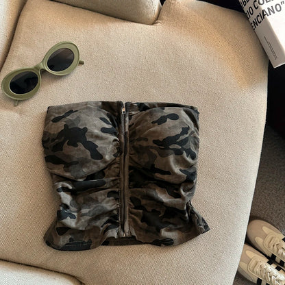 Sexy American Girl Camouflage Print Tube Top Vest Women's Summer Zipper Open Cardigan Shoulder Bared Short Style Top