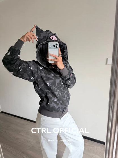 In  Stock  Anime Hello Kittys Hooded Jacket Girl Commuting Coat Jacket Kuromi Anime 3d Ears Hooded Cute Leopard Print Clothes