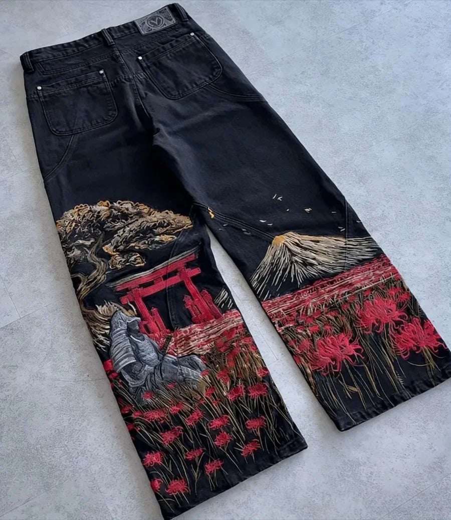 Ripped Baggy Jeans Cotton Patch Dyed Skull Pattern Y2k Mens Jeans Goth Punk Wide Leg Casual Pants Hip Hop Trousers Men Clothing