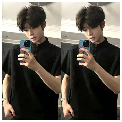 White Henry Collar  Shirt Men's Summer Splice Design Short Sleeve Cleanfit Heavyweight Half Sleeve Business Casual T-Shirt