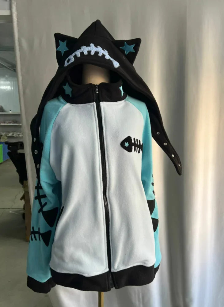 Japanese Cat Ear Fish Bone Hoodie Women Subculture Vintage Y2k Harajuku Punk Oversized Sweet Cardigan Zipper Sweatshirts
