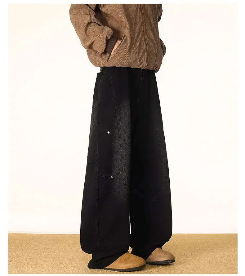 Men's Spring And Autumn Fashion Washed Large Versatile Casual Pants Retro Splicing Nail Beaded Jeans Loose Straight Leg Pants
