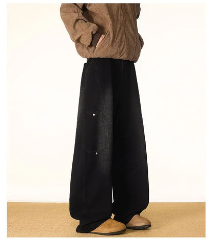 Men's Spring And Autumn Fashion Washed Large Versatile Casual Pants Retro Splicing Nail Beaded Jeans Loose Straight Leg Pants