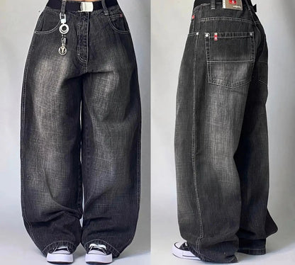 Harajuku Vintage Hip-hop Pop Letters Embroidered Washed Baggy Jeans Ladies Y2K Gothic Fashion Casual High Waist Wide Leg Pants