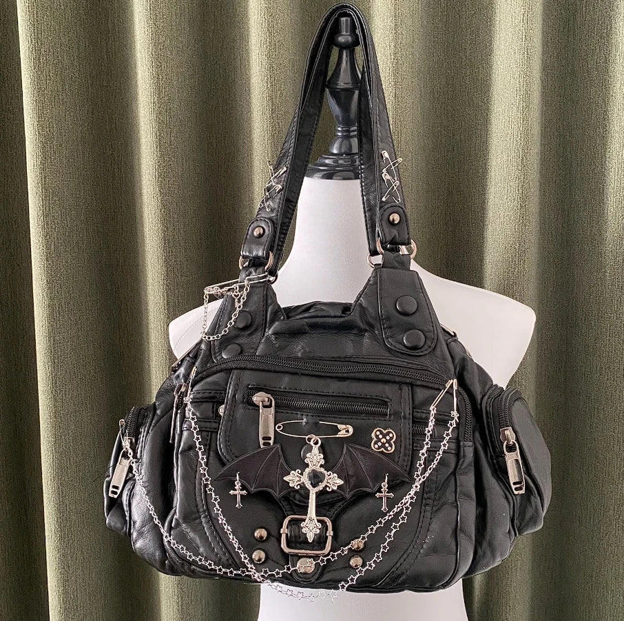 Y2K PU leather Tote bags original Shoulder bags Unique cute crossbody bag Retro Large Capacity Handbag gothic purse for women