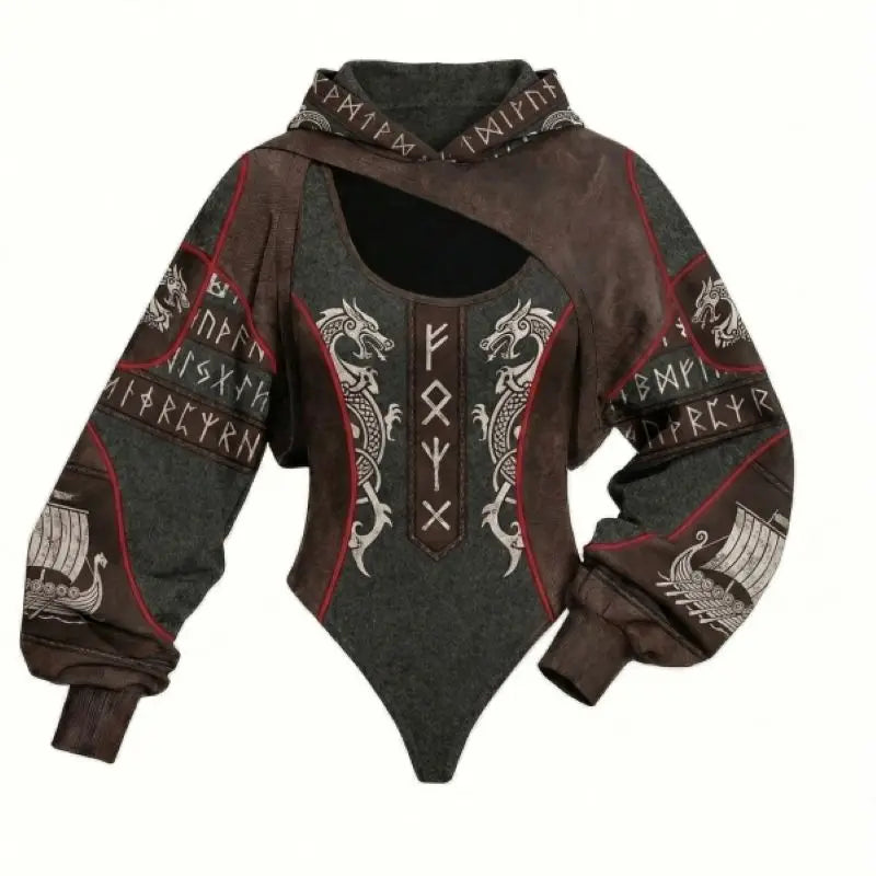 Viking Print Women's Hooded Jumpsuit Two-Piece Set Casual Loose Long Sleeve - APEX RITUAL women's matching sets