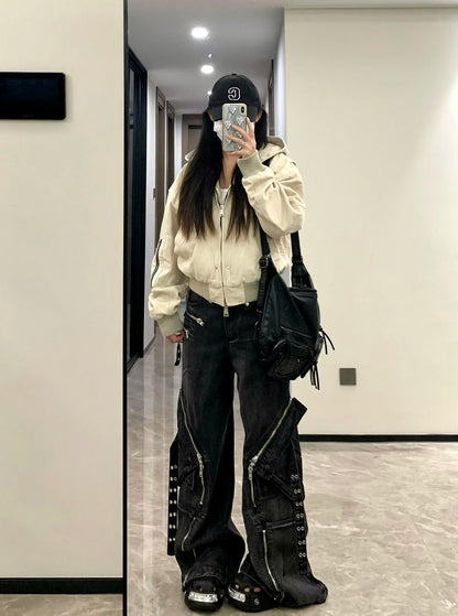 Black Gothic Punk Multi-Pocket Zipper Black Jeans Men And Women Y2K American Baggy Fashion Vintage Casual Loose Wide-Leg Jeans