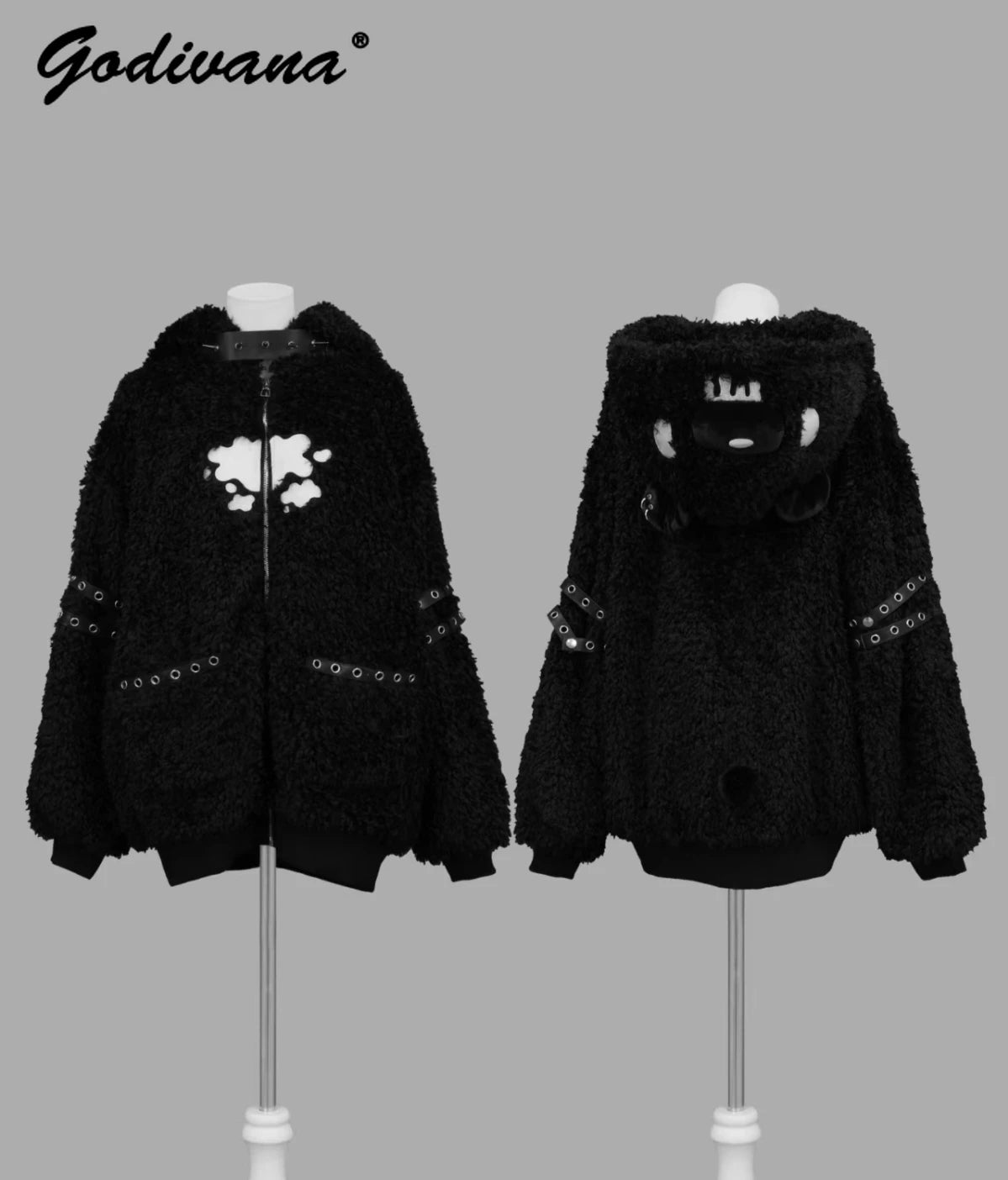 Japanese Gothic Hooded Plush Coat New Autumn Winter Subculture Cool Girl Women's Punk Rivet Lamb Wool Hoodie Jacket Zipper Coat