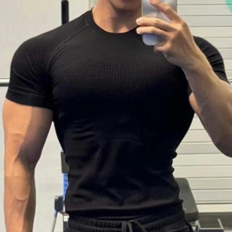 Summer Men Short Sleeve T-Shirt Breathable Compression Gym Running T Shirt Man Casual Tops Seamless Fitness Shirts Man Clothing