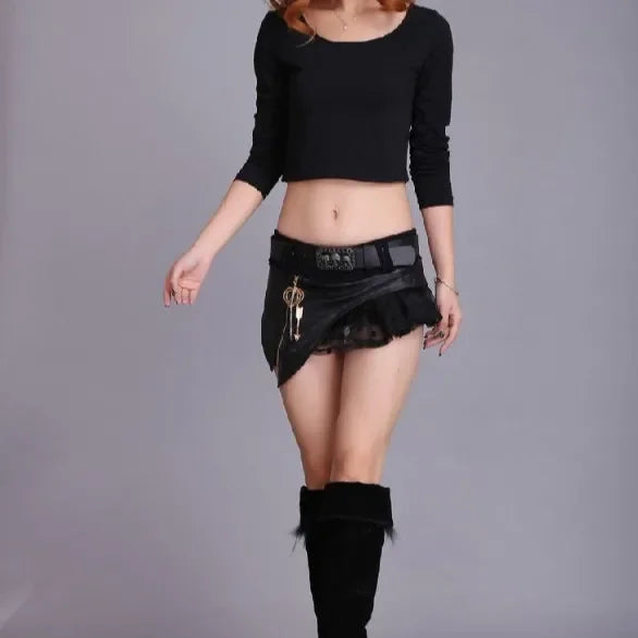 Summer Mini Skirt Sexy American High Street Party Versatile Mini Skirt Black Asymmetrical Metal Chain Punk Rock Gothic Skirt