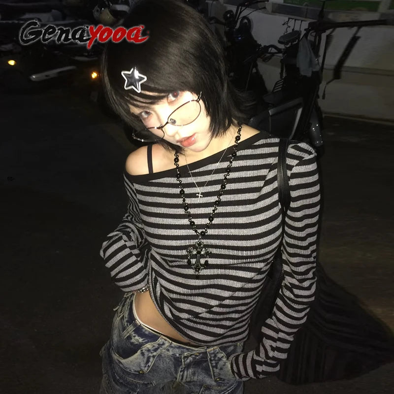 Genayooa Y2k T-shirt Women Long Sleeve Off Shoulder Striped Crop Tops Y2k Grunge 2000s Aesthetic Streetwear T Shirts