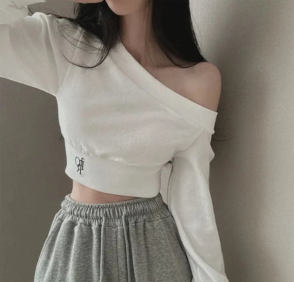 Slim Fit Long Sleeve Hoodie Women's Style Irregular Collar Show Shoulder Waist Cinching Short Length Commute Fashion  Color