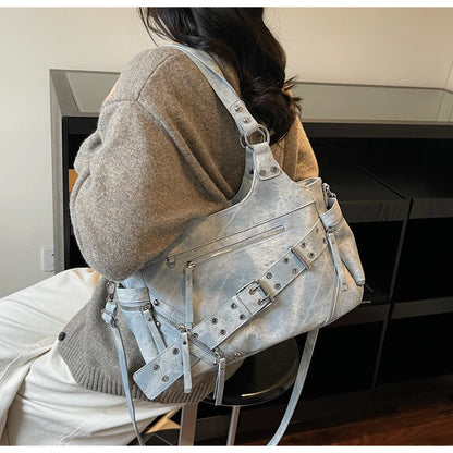 Fashionable Large Capacity Rivet Street Style Women's Tote Bag Shoulder Crossbody Bag Durable Polyester  Commuter Bag