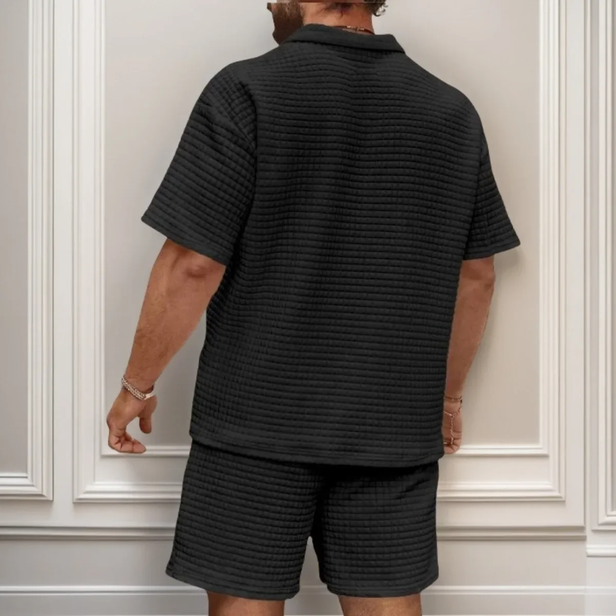 New men's casual, fashionable and comfortable waffle checkered letter lapel sportswear set, spring and summer two-piece set