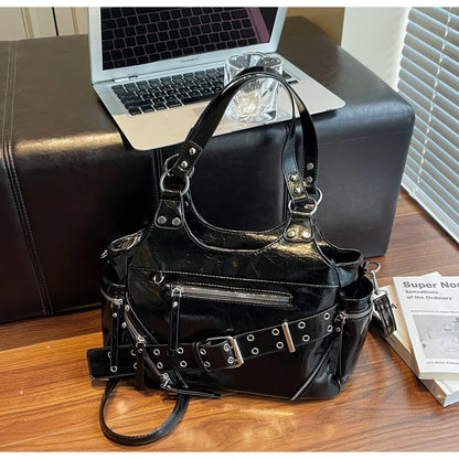 Fashionable Large Capacity Rivet Street Style Women's Tote Bag Shoulder Crossbody Bag Durable Polyester  Commuter Bag
