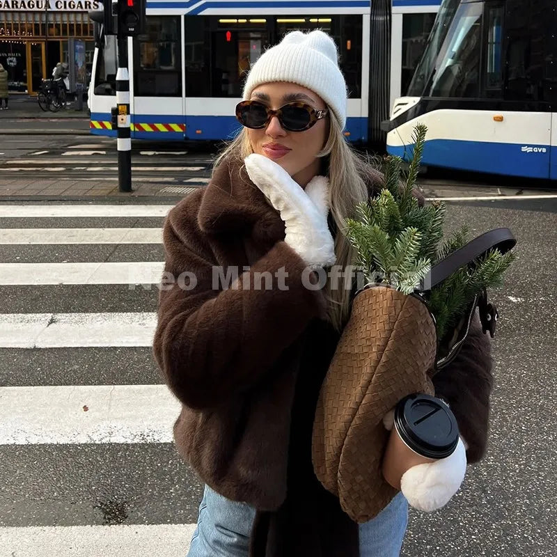 Neo Mint Cool Street Girls Fashion Brown Faux Fur Jacket Women Luxury Fake Mink Fur Coat 2025 Autumn Winter Warm Short Overcoat