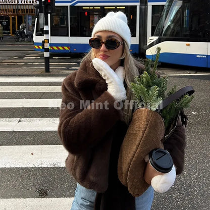 Neo Mint Cool Street Girls Fashion Brown Faux Fur Jacket Women Luxury Fake Mink Fur Coat 2025 Autumn Winter Warm Short Overcoat