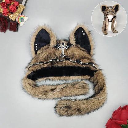 Winter Plush Beanie Hats Punk Wolf Furry Ear Protection Outdoor Windproof Caps Couples Headwear Gothic Dark Fursuit Cosplay Prop