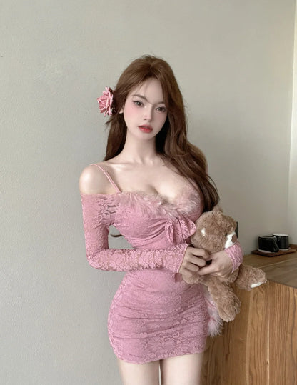 Women's Lace Bodice Long-Sleeve Mini Dress