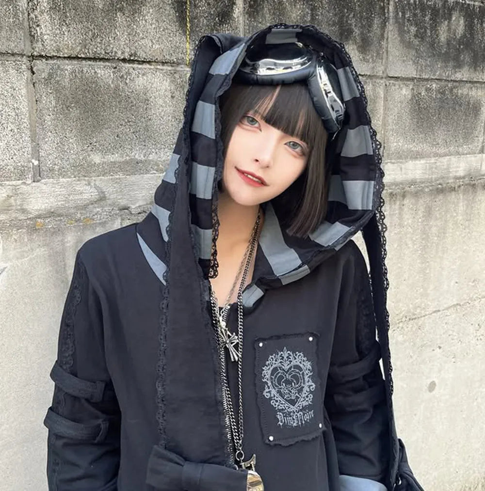 Japanese Harajuku Style Bow Sweet Cool Long-Ear Hooded Lace Trim Color-Block Zipper Long Cardigan Coat Gothic Hoodie Jacket