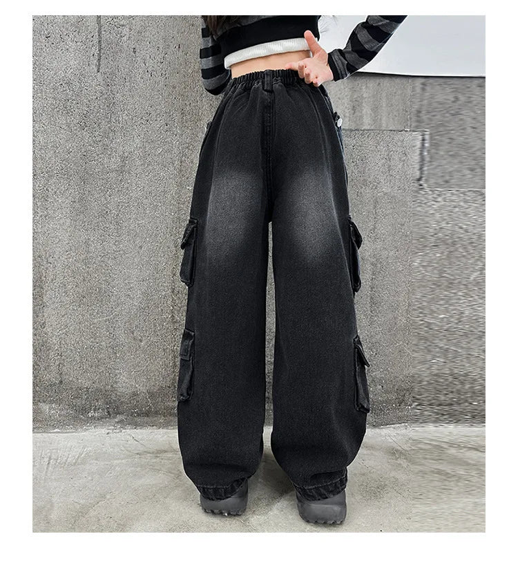 Cargo Jeans for Girls 2026 Spring Loose Casual Elastic Waist Teenage Children Wide Leg Pants Design Streetwear Kids Trousers