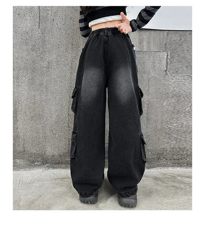 Cargo Jeans for Girls 2026 Spring Loose Casual Elastic Waist Teenage Children Wide Leg Pants Design Streetwear Kids Trousers