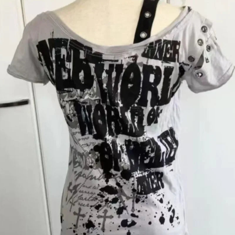 Gothic T Shirts Short sleeve Skulls Casual Punk Hip Hop Street hottie Femme Tshirt Graphic Tees Vintage Clothes 2000s Womens Top