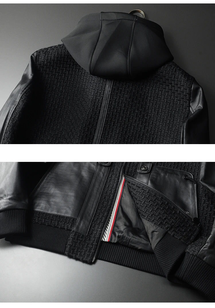 Minglu Autumn Winter Goatskin Men's Jackets High Quality Solid Color Hooded Genune Leather Male Coats Zipper Casual Man Overcoat