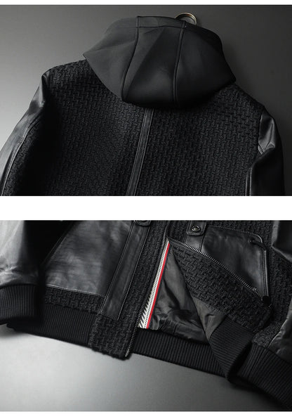 Minglu Autumn Winter Goatskin Men's Jackets High Quality Solid Color Hooded Genune Leather Male Coats Zipper Casual Man Overcoat