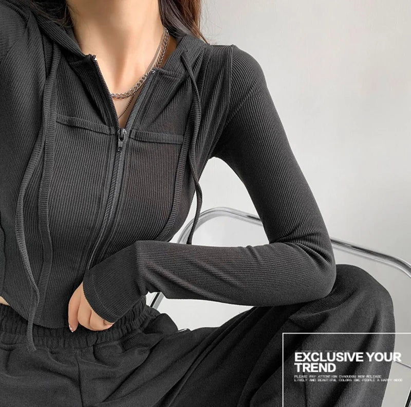 Apex Ritual – Thin Hooded Cardigan Women – Korean Vintage Slim Summer Striped Zipper Crop Top