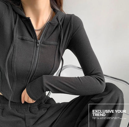 Apex Ritual – Thin Hooded Cardigan Women – Korean Vintage Slim Summer Striped Zipper Crop Top