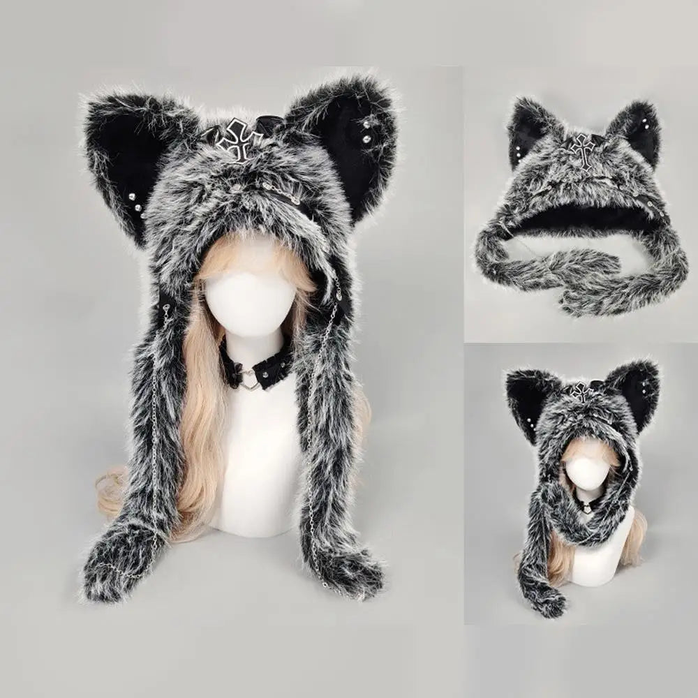 Winter Plush Beanie Hats Punk Wolf Furry Ear Protection Outdoor Windproof Caps Couples Headwear Gothic Dark Fursuit Cosplay Prop