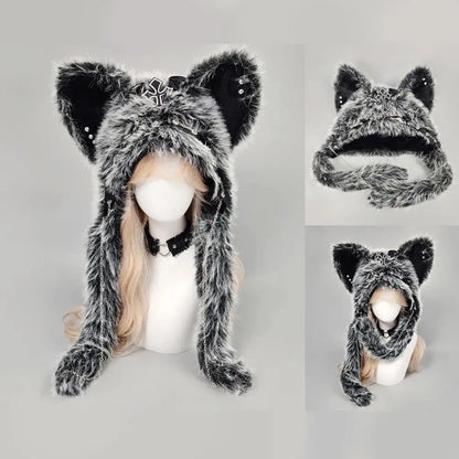 Winter Plush Beanie Hats Punk Wolf Furry Ear Protection Outdoor Windproof Caps Couples Headwear Gothic Dark Fursuit Cosplay Prop