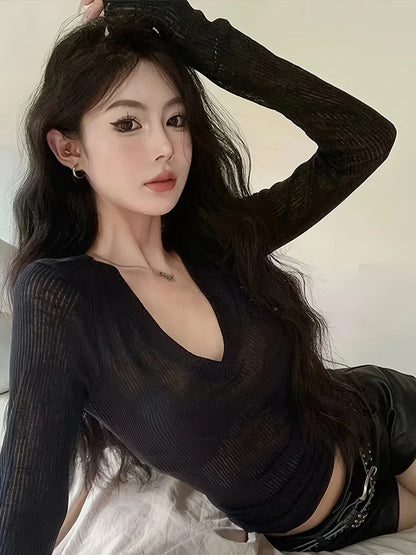 Women's Sheer V-Neck Long-Sleeve Top