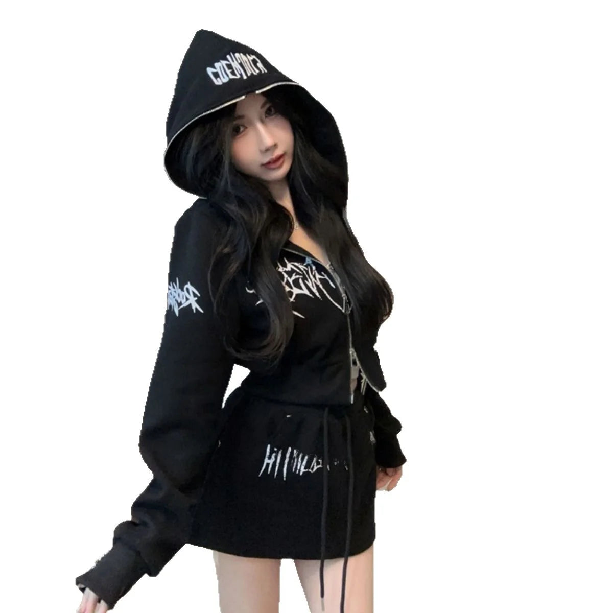 Dark Style Short Letter Sweatshirt And  Skirt Set for Women Trendy Streetwear Autumn Collection Long Sleeve Casual Sports...